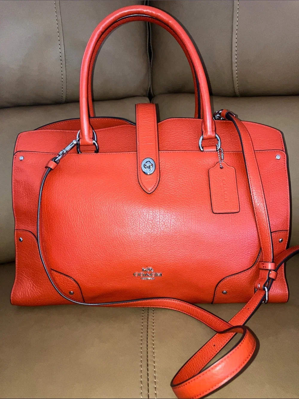 Coach Mercer Coral Red Pebbled Leather Satchel w/Crossbody Strap silver hardware